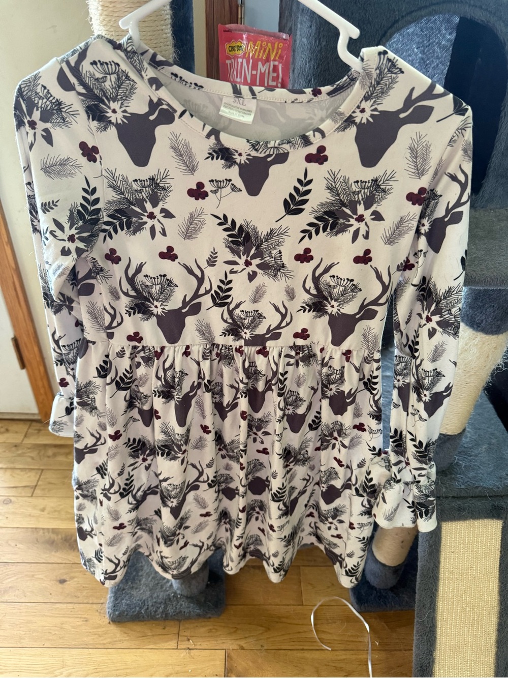 Girls' Long-Sleeve Deer & Floral Casual Dress - Cream with grey Accents
